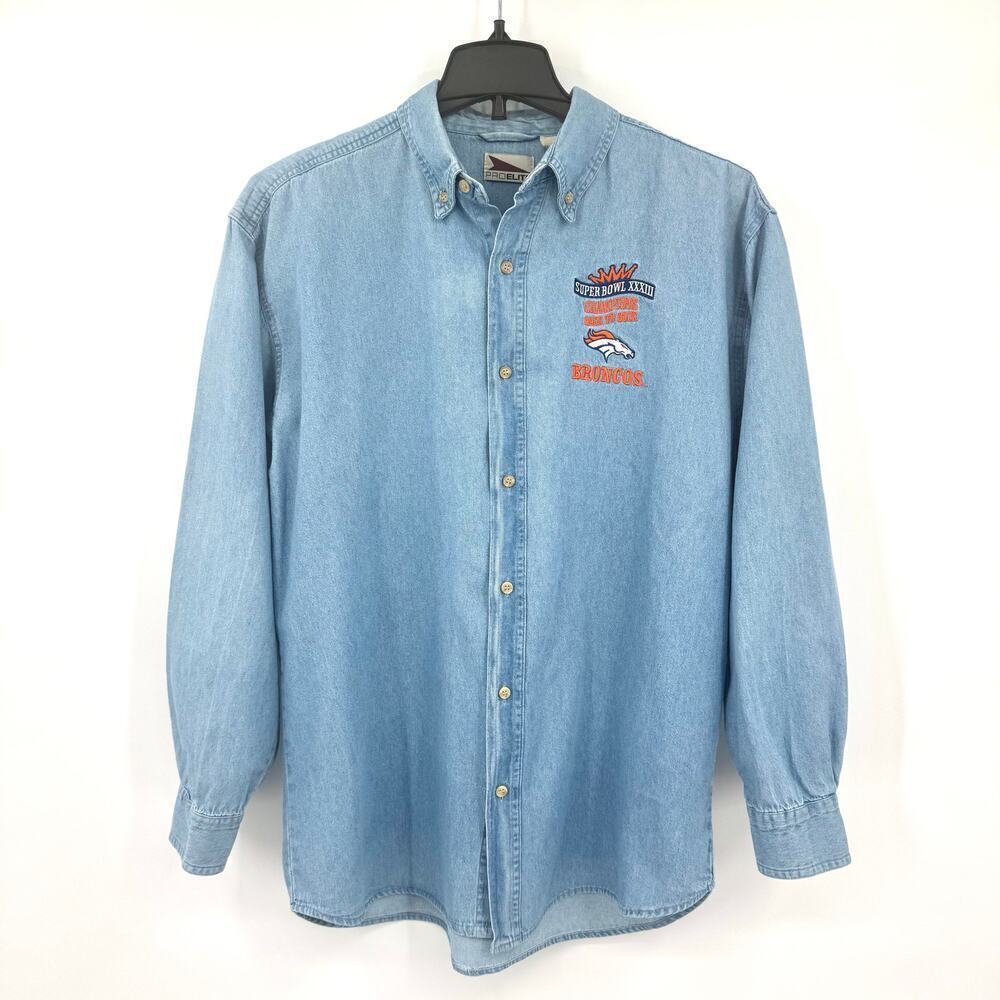 Vintage ‘98 Super Bowl XXXII Broncos Embroidered Chambray Shirt Mens Size Medium